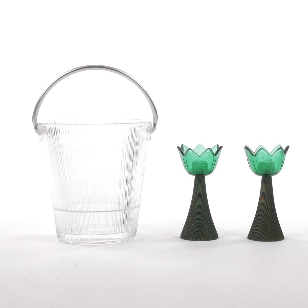 LENNART ANDERSSON. Ishink och ljusstakar, 3 st, glas, Gullaskruf.