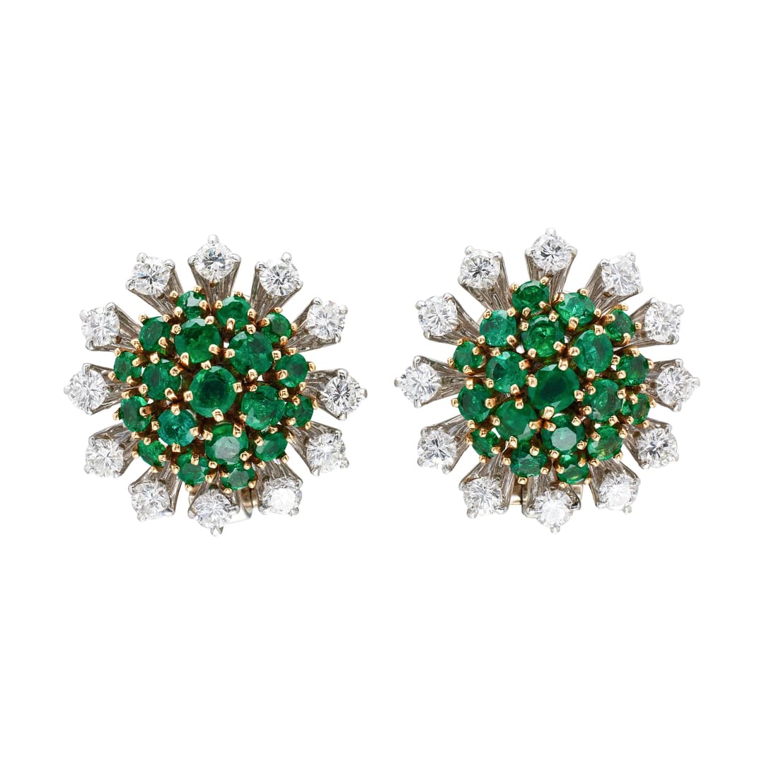 Vintage Palladium, Gold, Emerald and Diamond Earclips