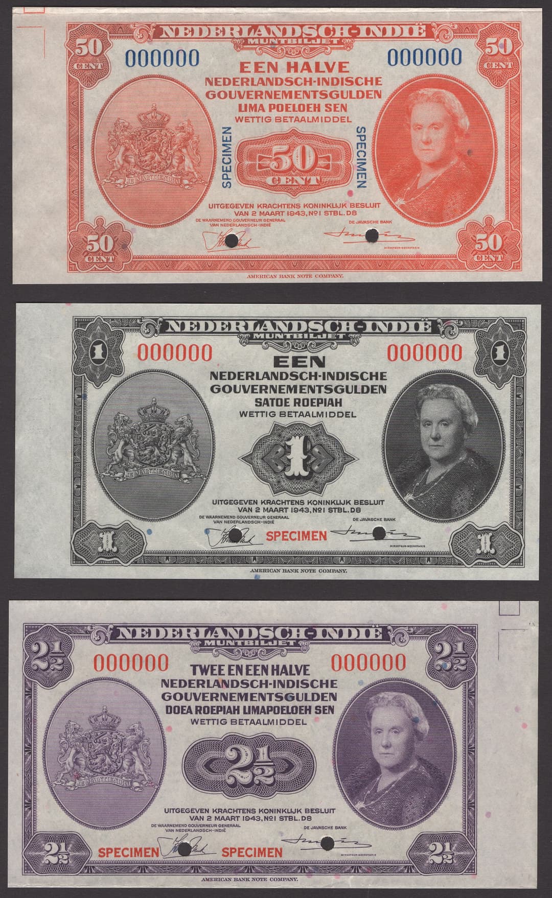 Nederlandsch-Indie Muntbiljet, a partial specimen set from the 2 March