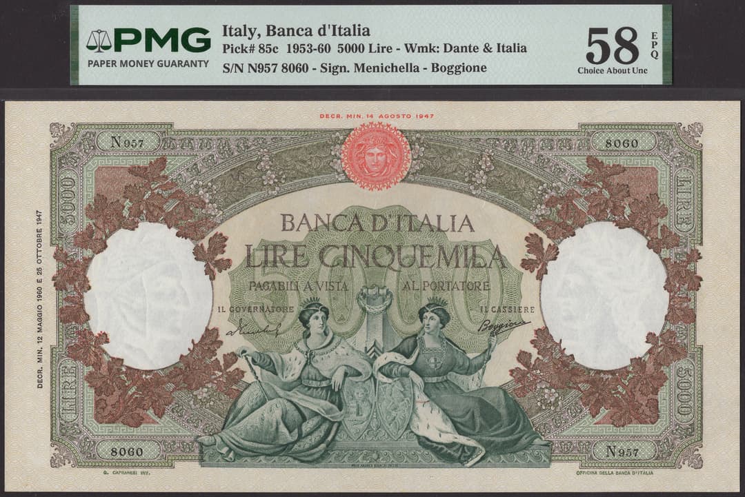Banca d’Italia, 5000 Lire, 12 May 1960, serial number N957 8060, Menichella