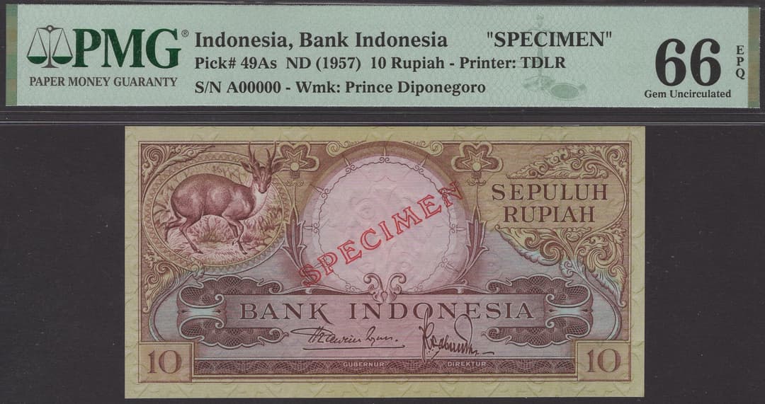 Bank Indonesia, specimen 10 Rupiah, ND (1957), serial number A00000