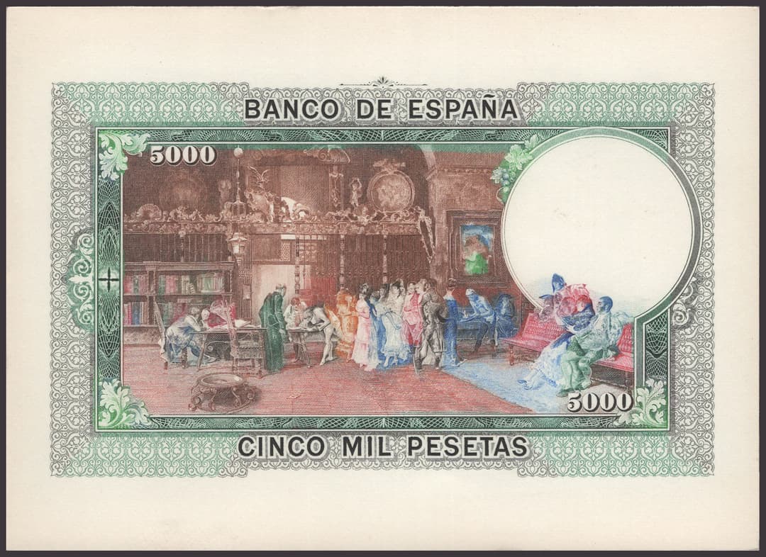 Banco de Espana, reverse proof 5000 Pesetas, ND (1938, reprinted 1983)