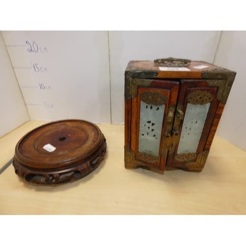 Chinese-style hardwood metal-bound jewellery box inset with ...