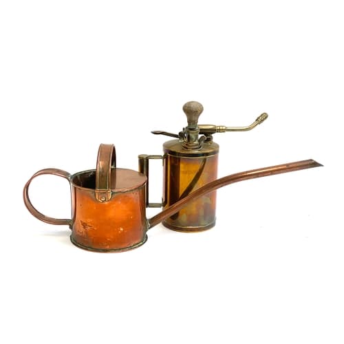 A very long spouted copper watering can 50cmL overall; toget...