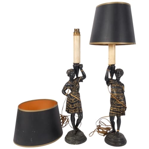 A pair of Vintage painted spelter Blackamoor figure table la...