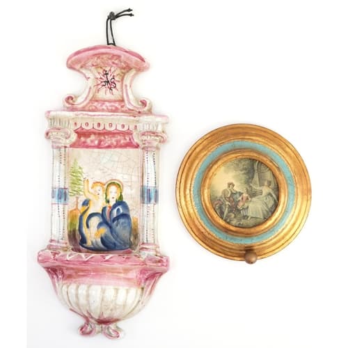 Italian Majolica water font hand painted with the Madonna an...