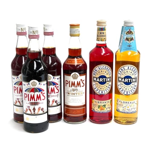 Three bottles of Pimms Platinum Jubilee, 700ml; together wit...