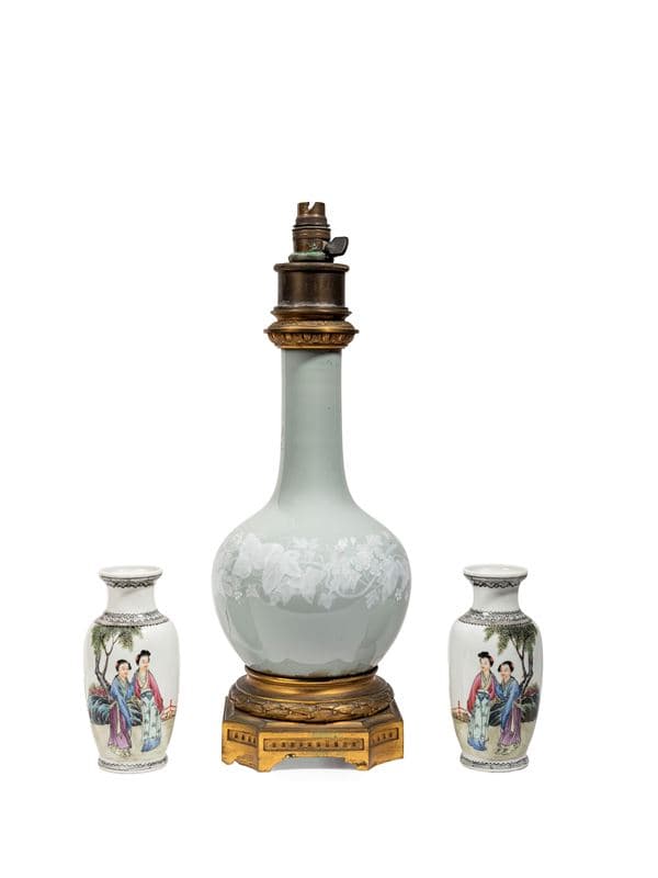 A PAIR OF FAMILLE ROSE VASES AND A CELADON VASE MOUNTED AS A LAMP