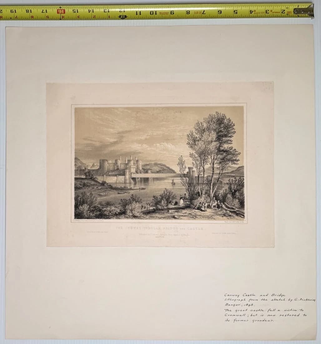 Antique lithograph titled "The Conway Tubular Bridge and Castle