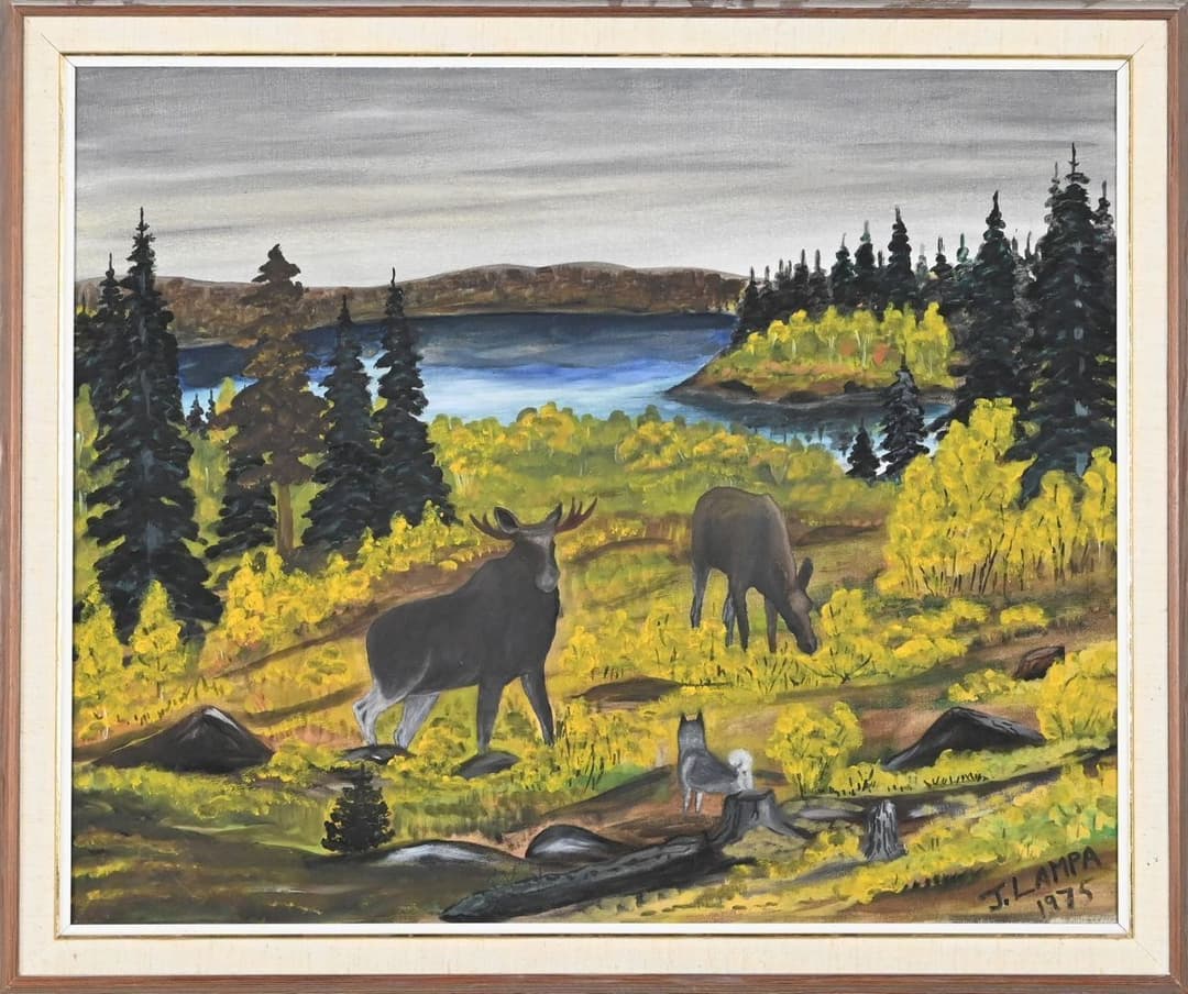 J Lampa, Olja på duk "Älgar och hund", 1975