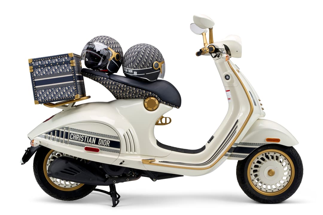 A Creme, Gold, Navy Oblique Jaquard Vespa 946 with Two Oblique Helmets & Trunk