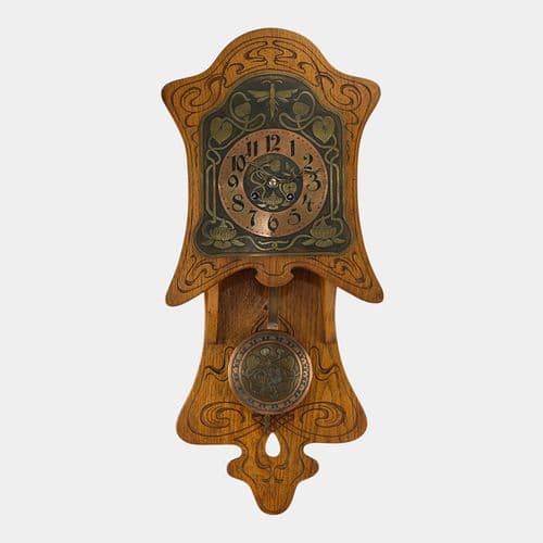 Philipp Hass & Sohne Clock Co. 1900s Art Nouveau Carved Wooden Case Wall Clock