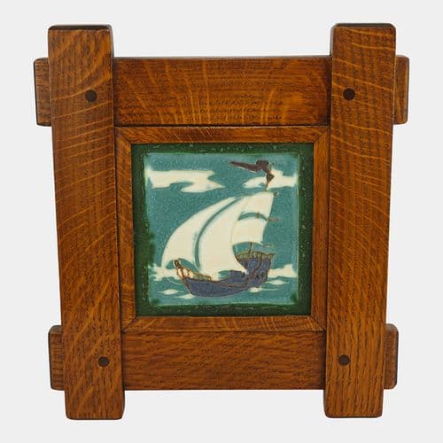 Ephraim Faience 2000 Arts And Crafts Framed North Wind Art Pottery Boat Tile