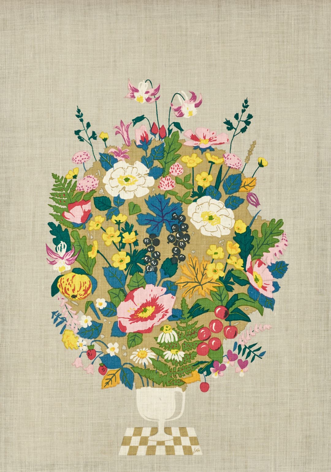 LISBET JOBS. Textil, "Rosor och akvileja", Jobs handtryck Leksand