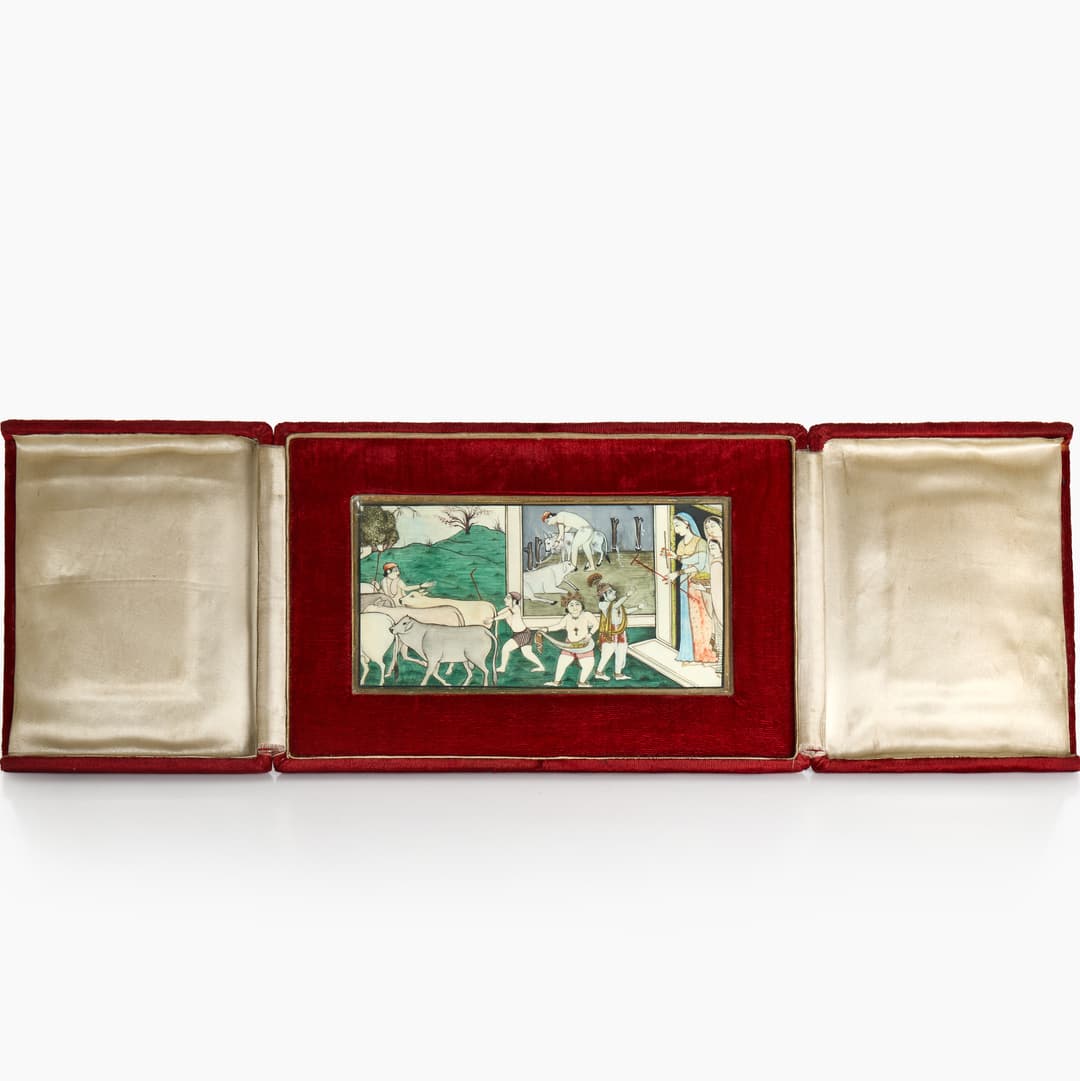 INDISK GOUACHE, boskap och herdarherrskap, 1900-tal, i sidenklädd box.