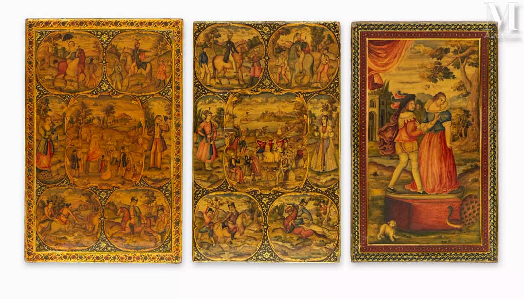 Ⓛ Étui à miroir laqué à décor de figures européennes Iran, époque