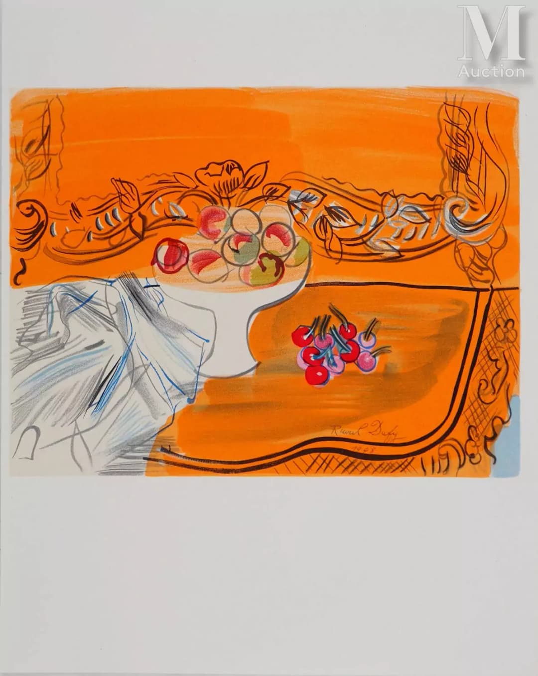 DUFY Raoul (1877-1953) Pêches et cerises sur fond orange