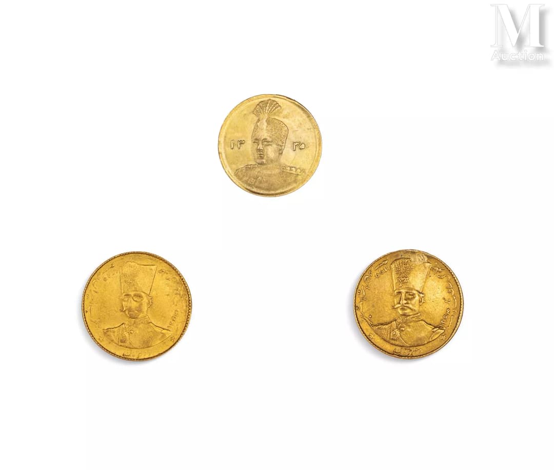 Trois pièces de monnaie en or à l’effigie des rois Qajar Iran, datées