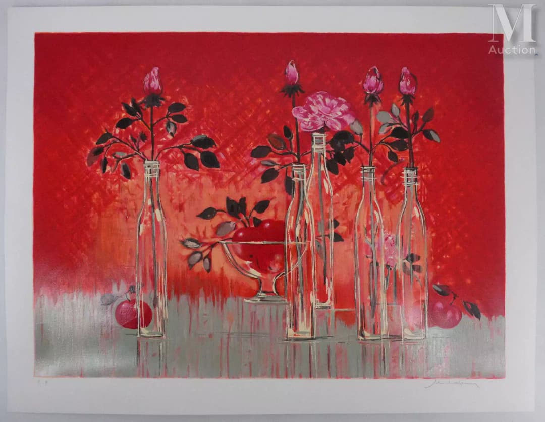 HENRY Michel (1928-2016) Nature morte au fond rouge
