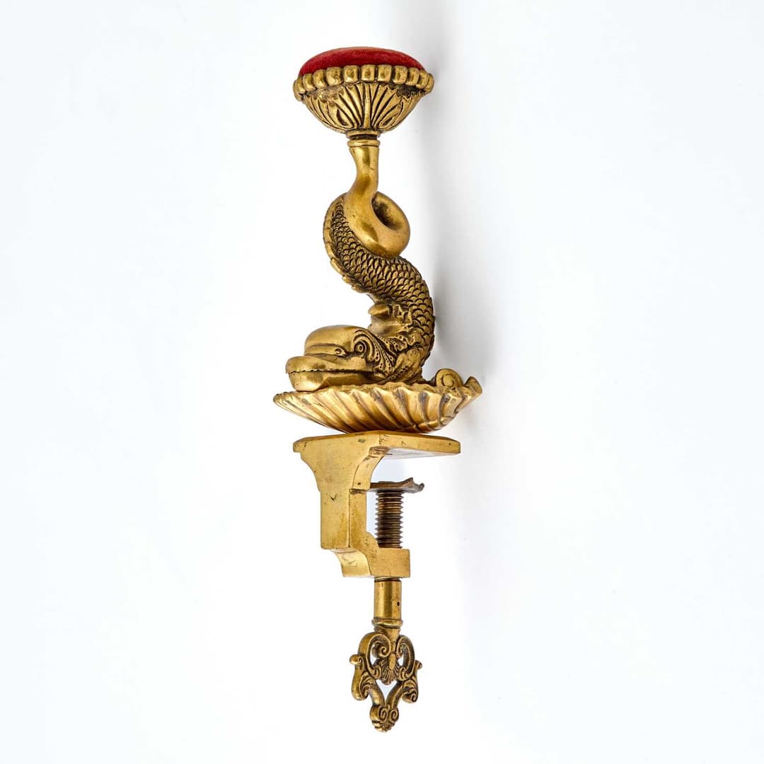 German Gilt Cast Brass Dolphin Sewing Clamp with Pin Cushion