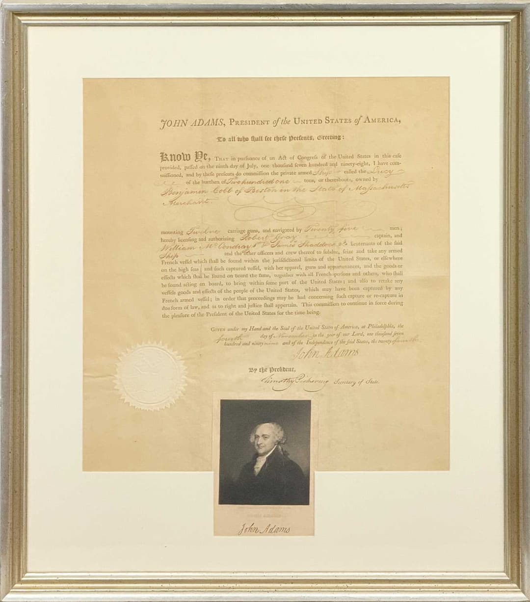 A John Adams Letter of Marque for a privateering voyage captained