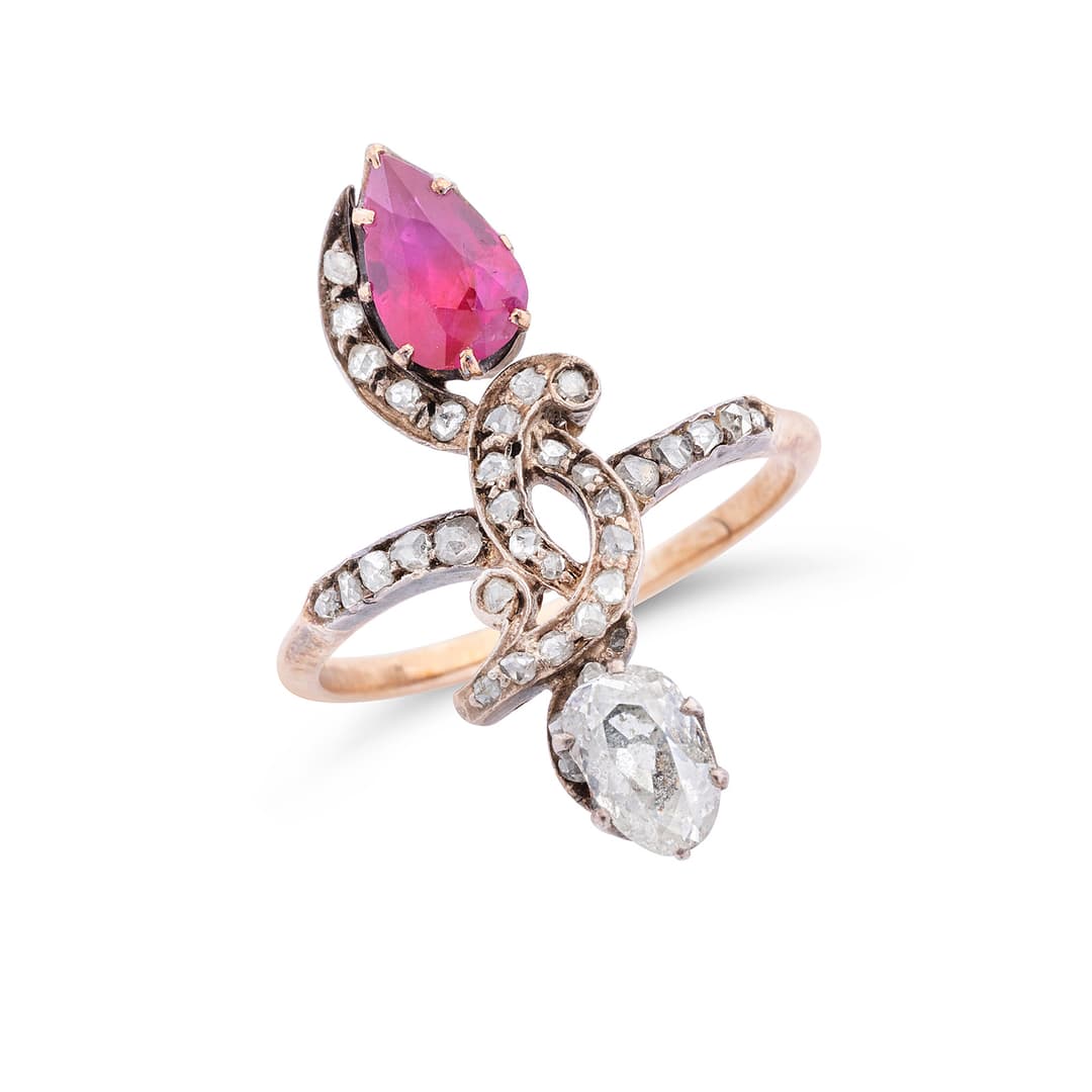 Antique Ruby, Diamond, Gold and Silver Ring