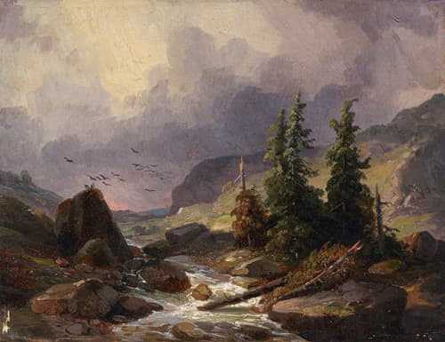 012 Friedrich Preller der Ältere "Gebirgige Flusslandschaft mit Tannen".
