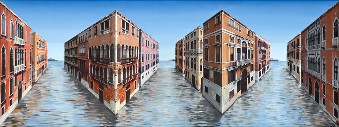 Patrick Hughes (1939), "Palazzi, Palazzi", tableau-volume, technique